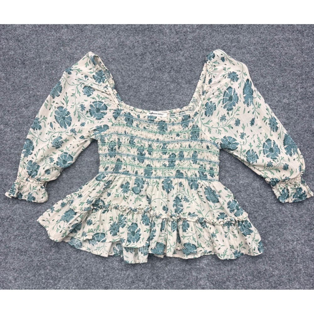 American Eagle Floral Smocked Peplum Top Teal Cream XXS Long Sleeve Ruffle Hem
